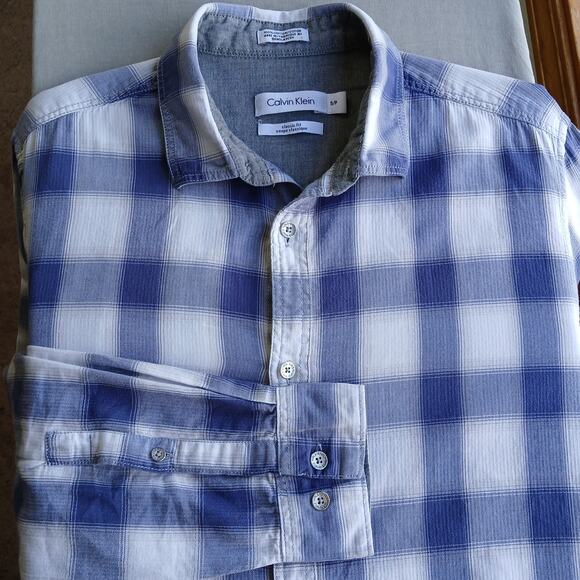 Calvin Klein Blue Checks Classic Fit Button up Shirt S repaired cotton roll tab - Picture 1 of 16